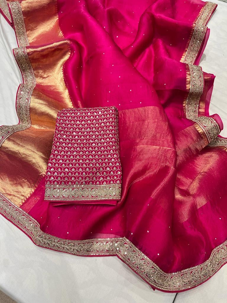 Pure organza saree with kanchi zari border and heavy blouse