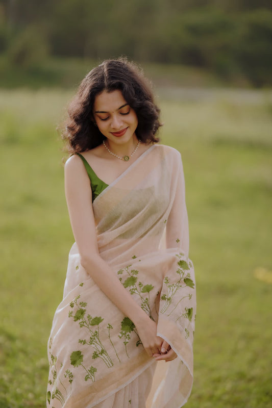 Premium tissue linen saree with beautiful embroidery