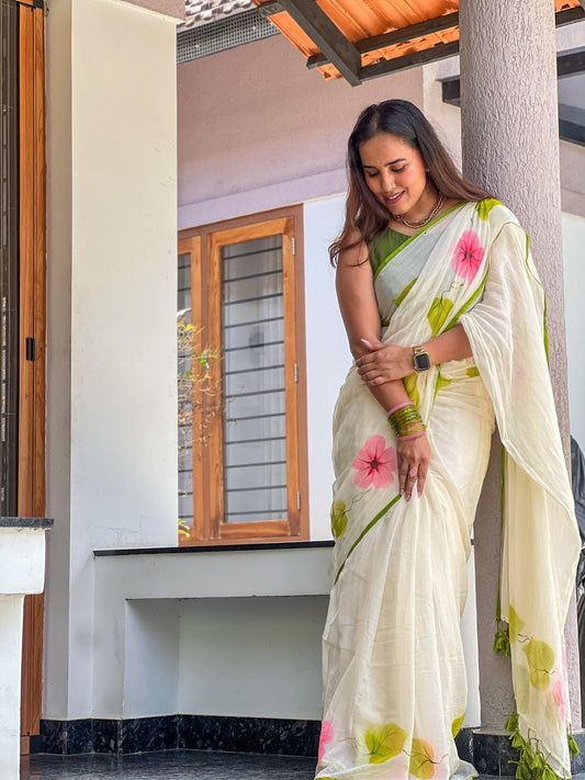 Pure mul cotton handpainted saree - Morning Glory