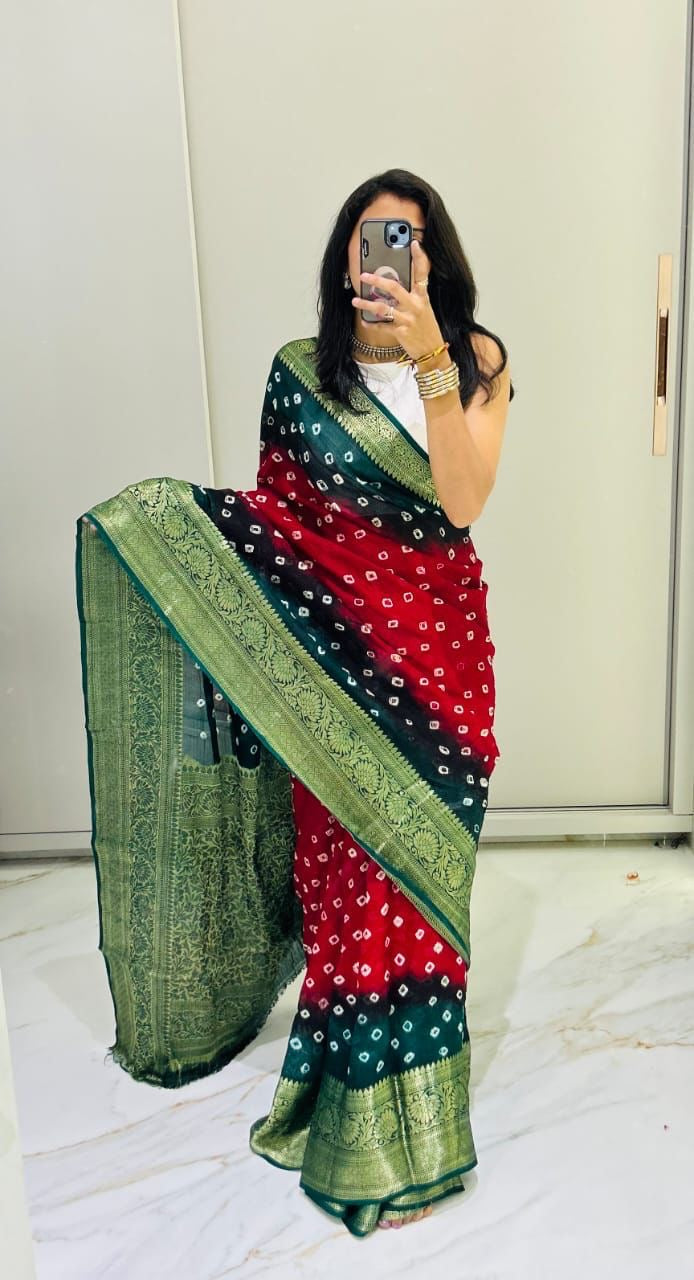 Semi dola silk with bandhini prints
