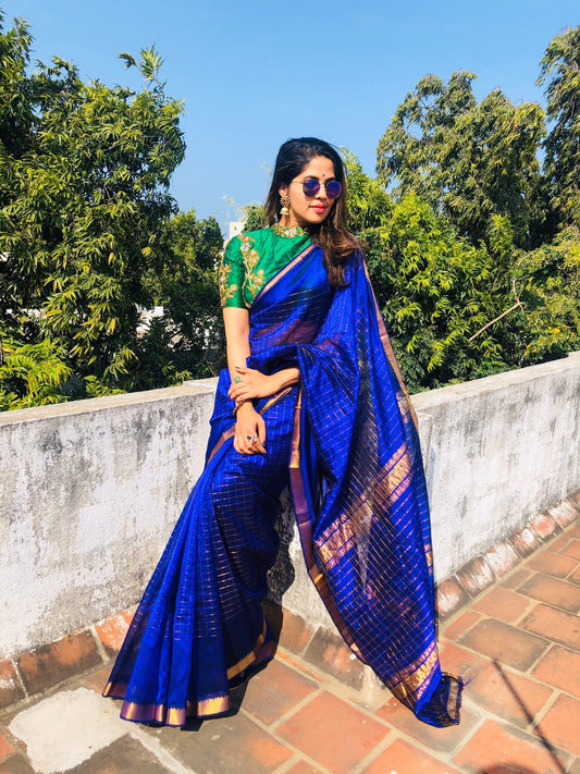 Beautiful Mangalagiri Silk cotton saree with zari checks