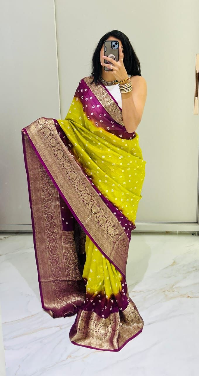 Semi dola silk with bandhini prints