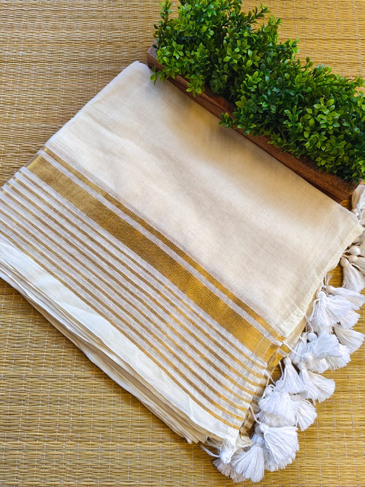 Pure mul cotton saree with gold zari