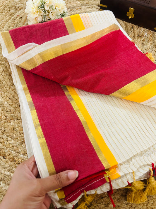 Pure and authentic mul cotton saree with zari stripes all over body and red yellow border