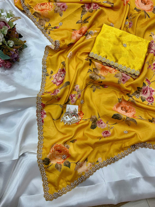 Floral chinon saree with beautiful pearl work border