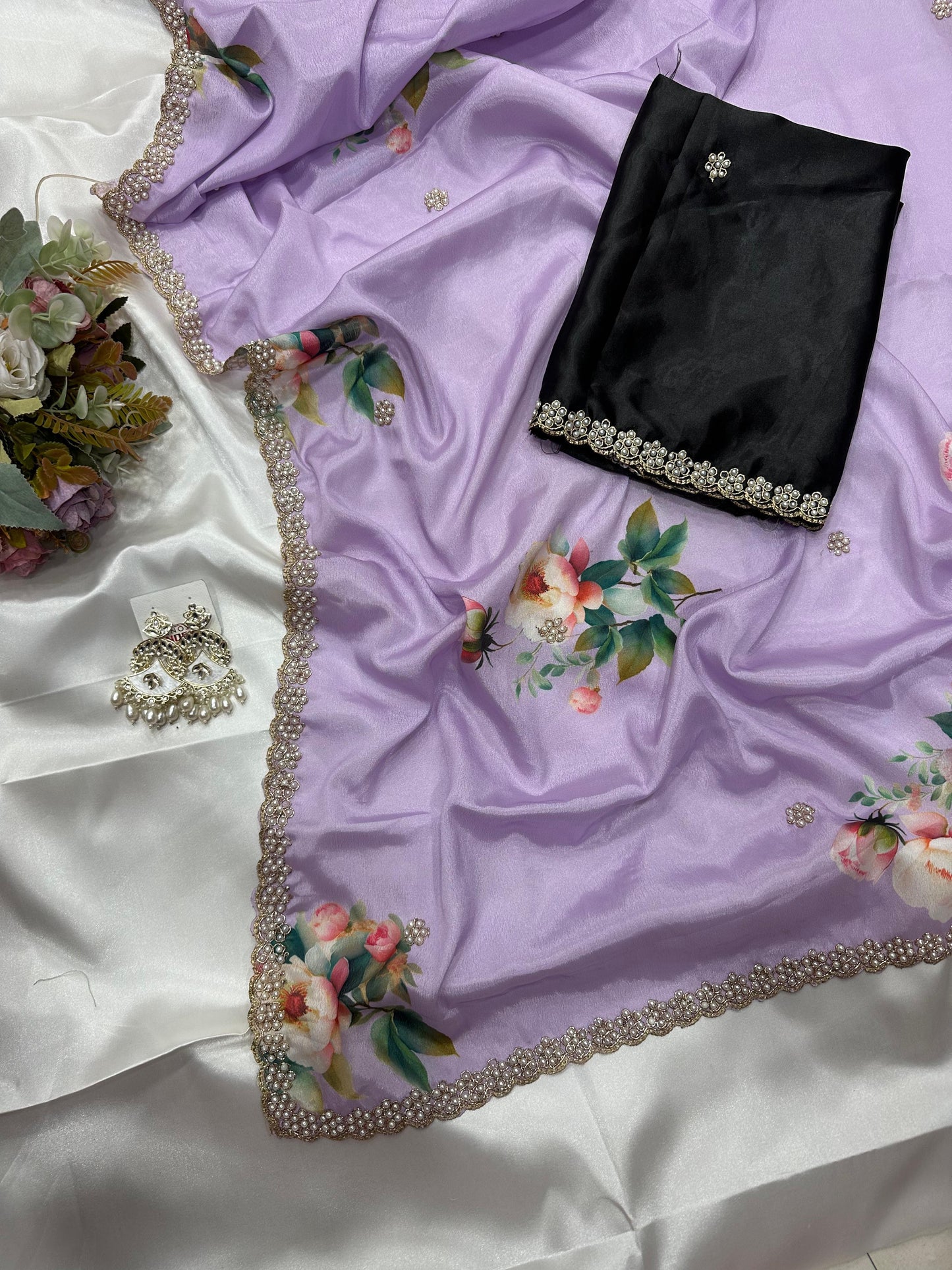 Floral chinon saree with beautiful pearl work border