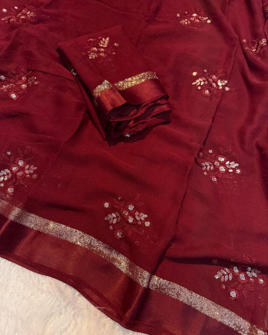 Viscous georgette saree with floral embroidery and satin border