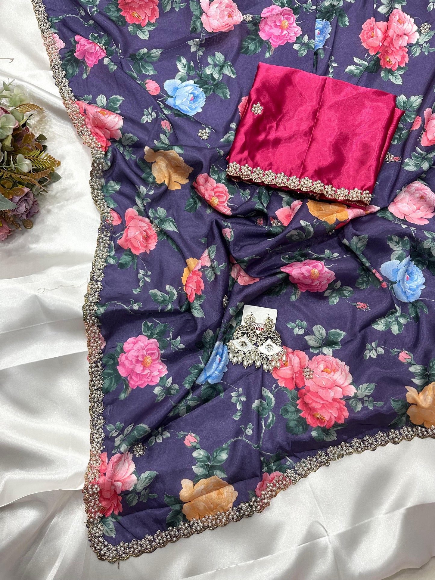 Floral chinon saree with beautiful pearl work border