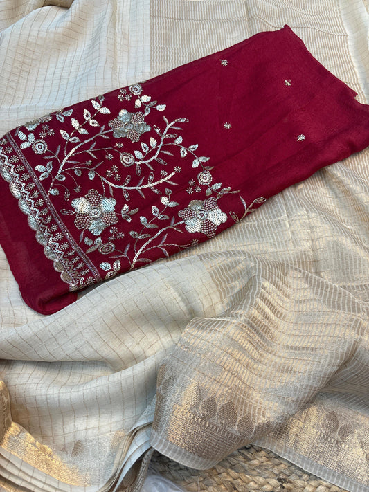 Beautiful soft viscous georgette saree with zari checks weaving and maroon beads work blouse piece