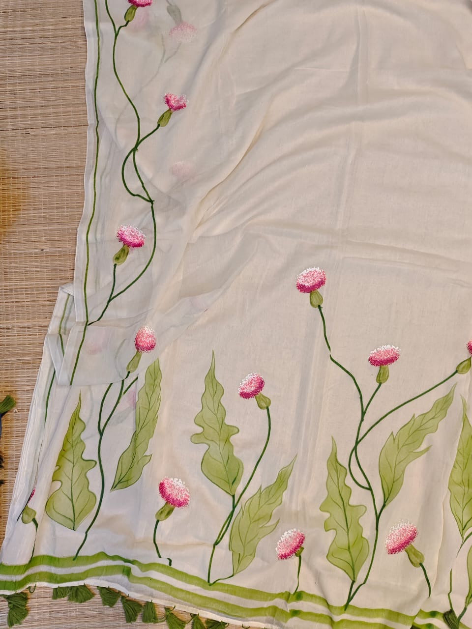 Pure mul cotton handpainted saree - globe amaranth