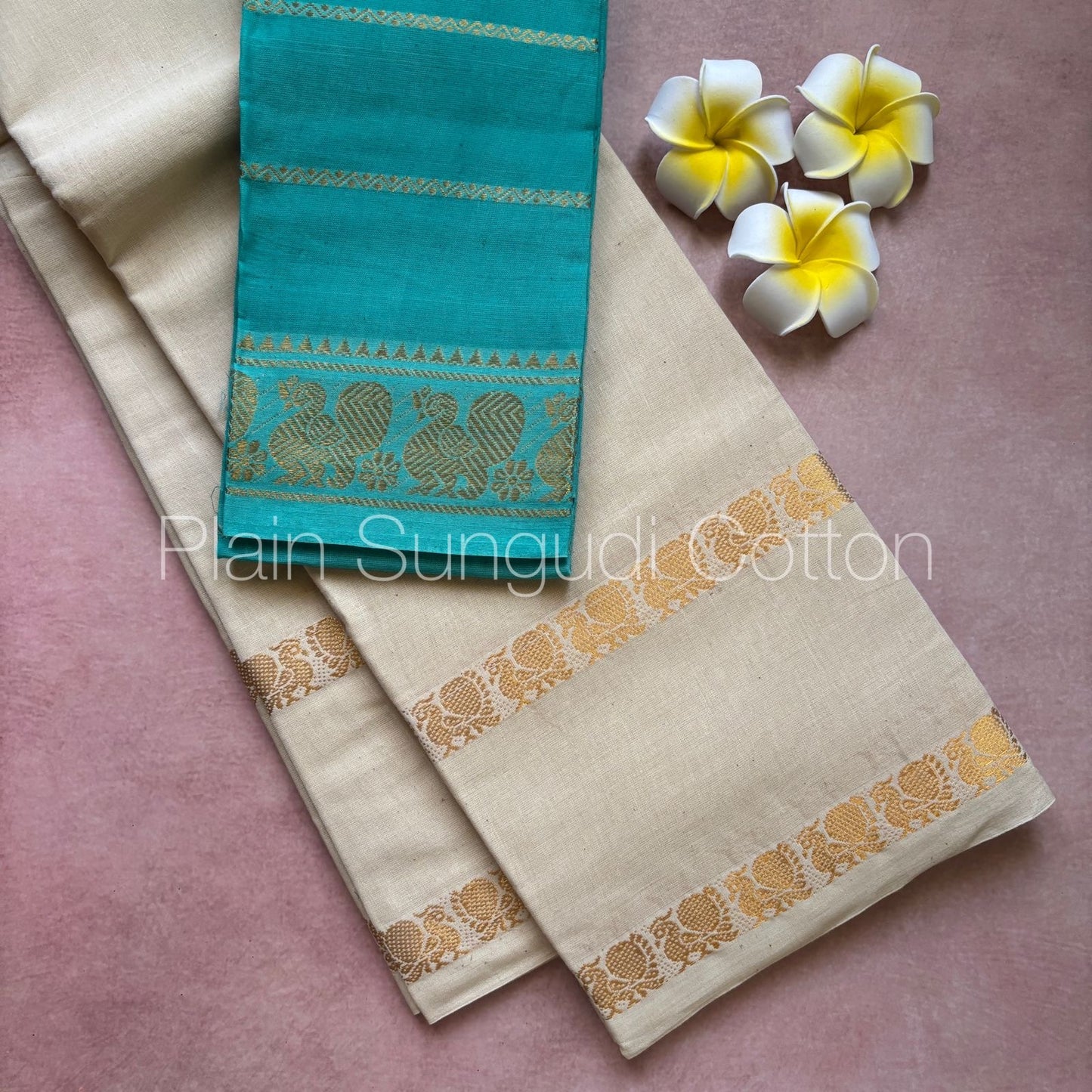 Pure plain sungudi cotton saree with double peacock border - white