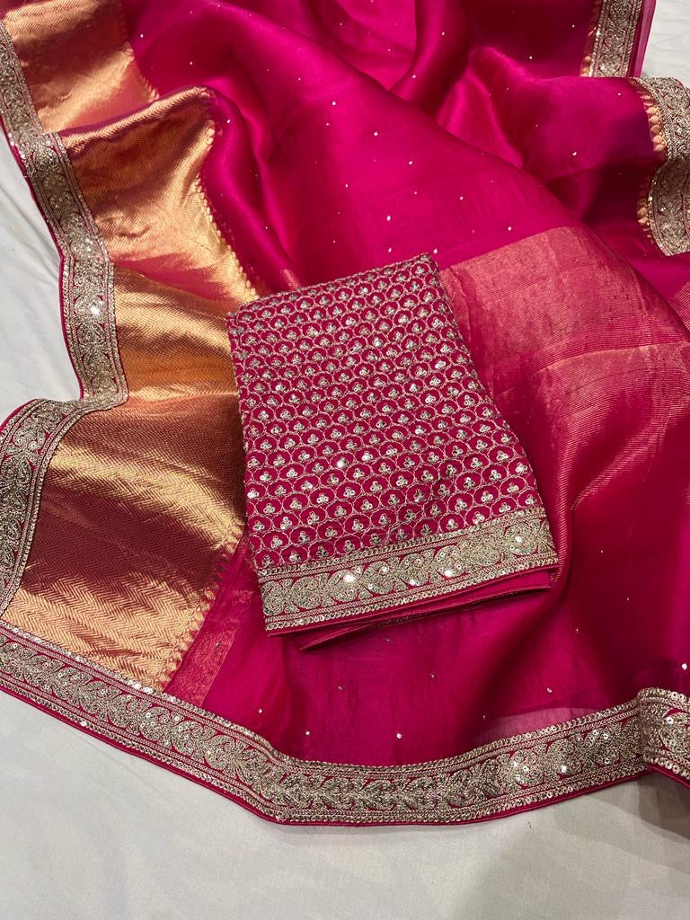 Pure organza saree with kanchi zari border and heavy blouse