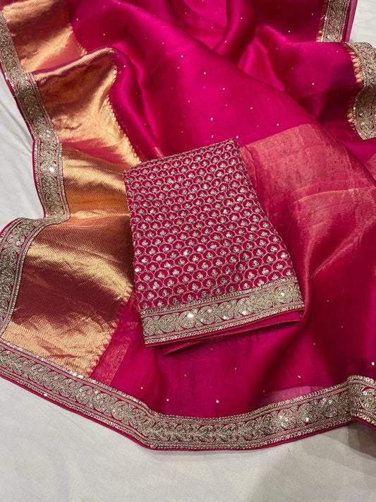 Pure organza saree with kanchi zari border and heavy blouse