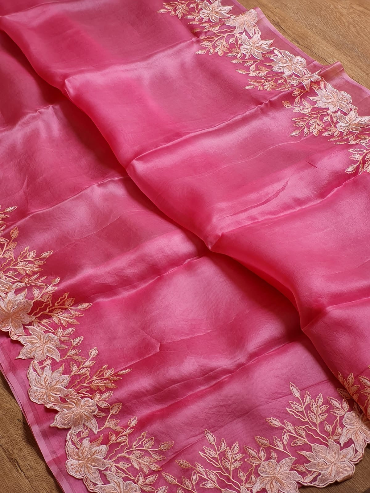 Pure organza silk saree with embroidery scallop border