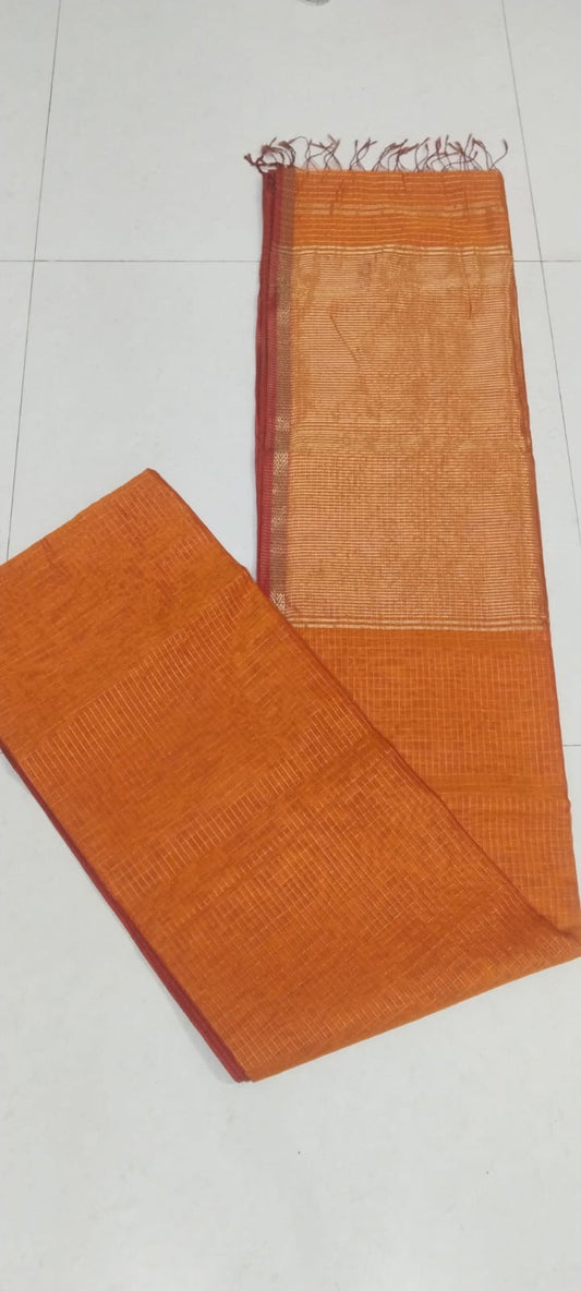 Prebooking - Pure Maheshwari silk cotton saree with zari checks and small border - orange