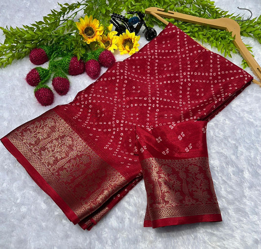 Beautiful dola silk with bandhini prints and weaving border