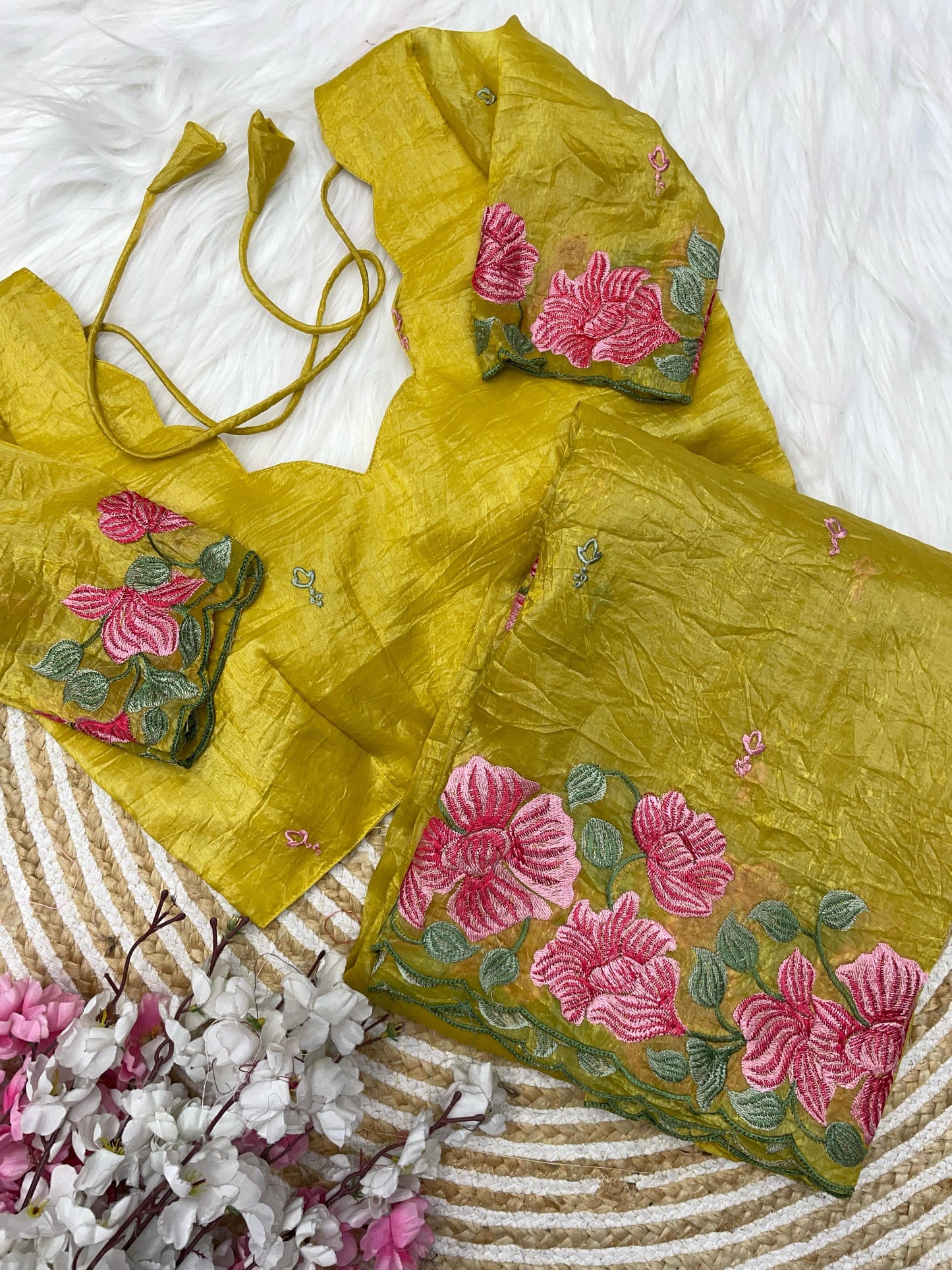 Premium crush embroidered saree with unstitched blouse