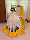 Premium Kerala cotton saree with one side yellow border with unique black swan prints