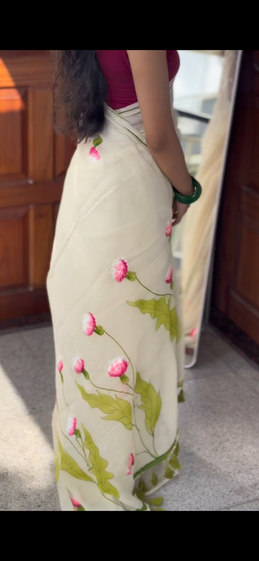 Pure mul cotton handpainted saree - globe amaranth