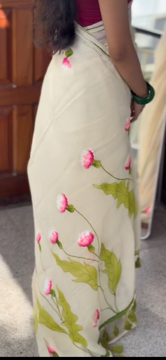 Pure mul cotton handpainted saree - globe amaranth