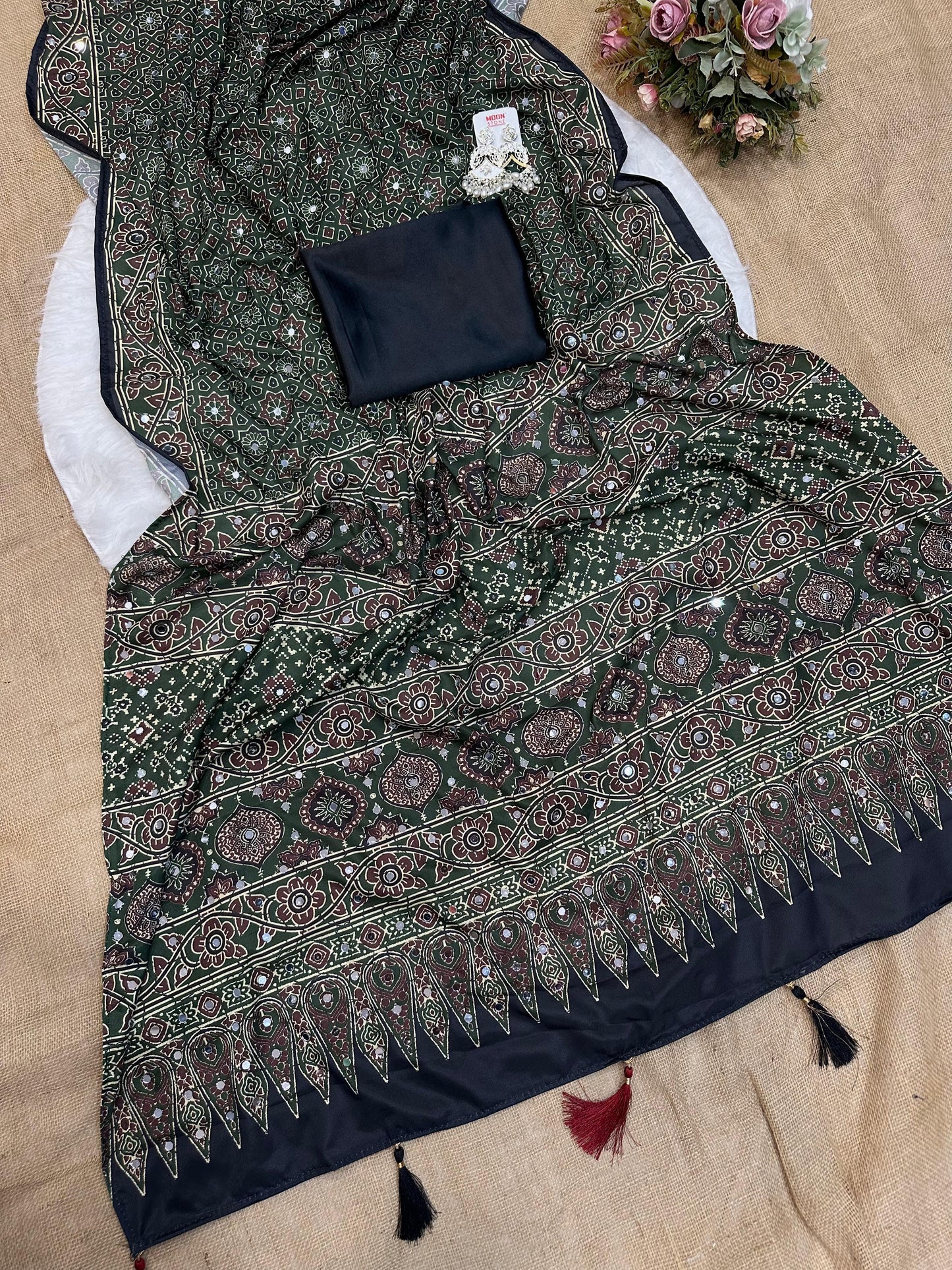 Beautiful semi crepe silk saree with ajrakh prints and mirror work