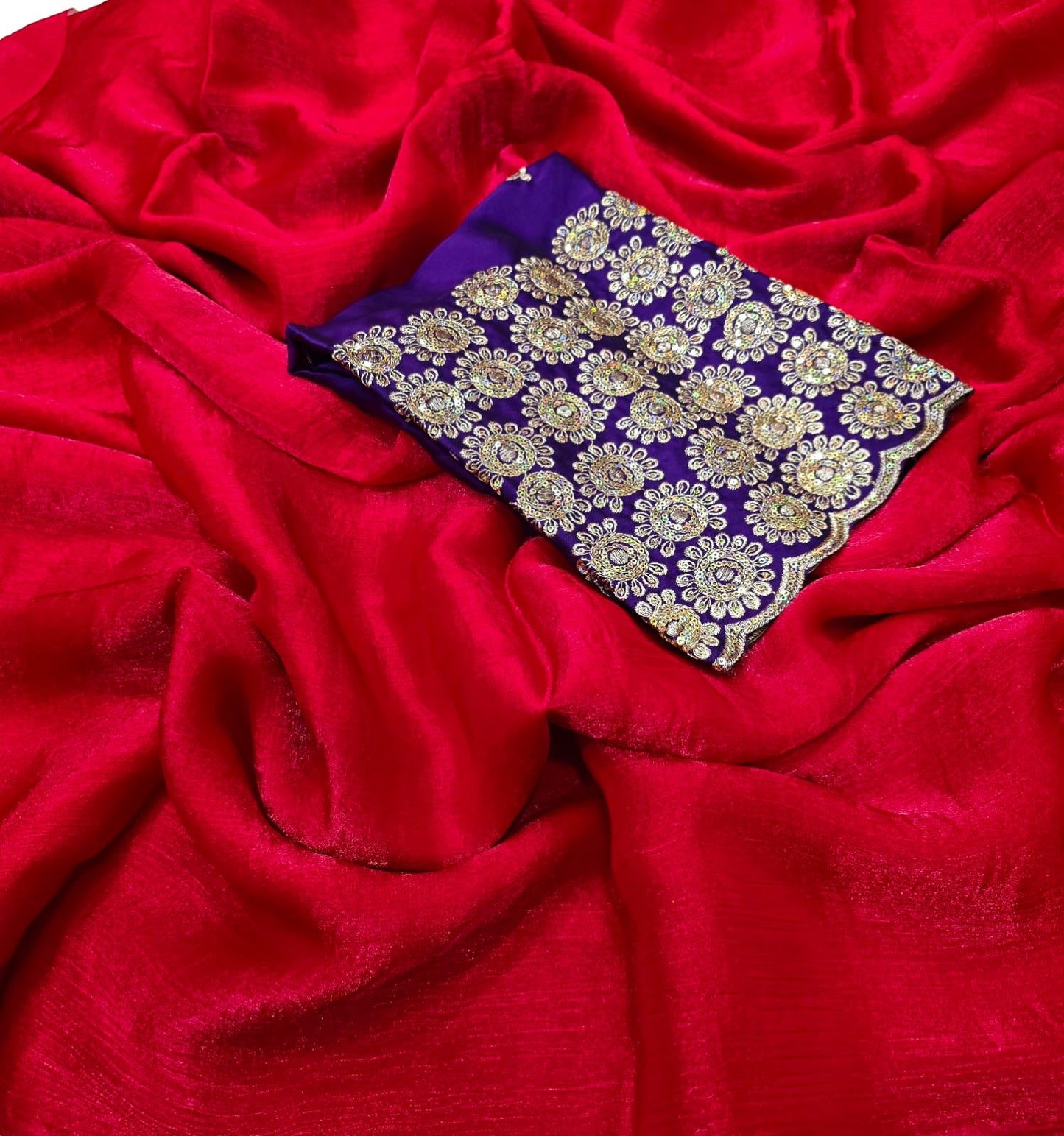 Shimmer chiffon saree with embroidered contrast blouse