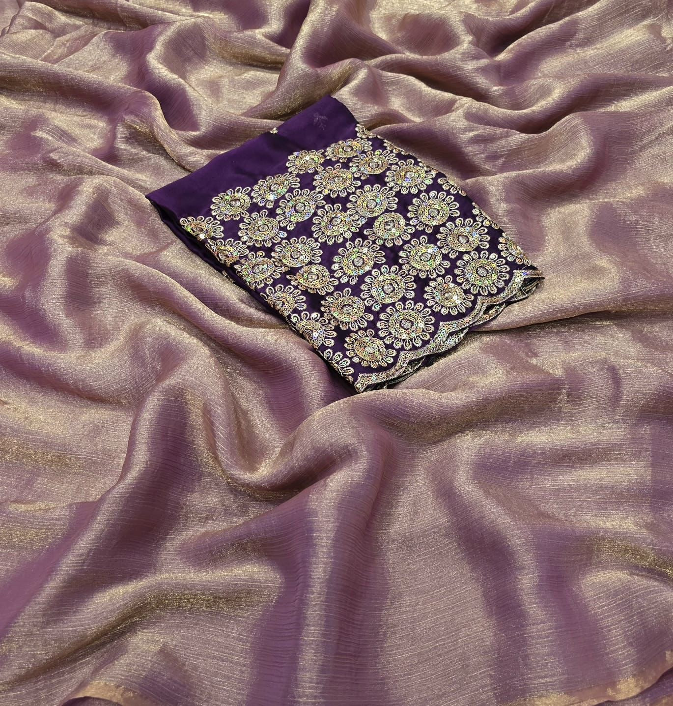 Shimmer chiffon saree with embroidered contrast blouse