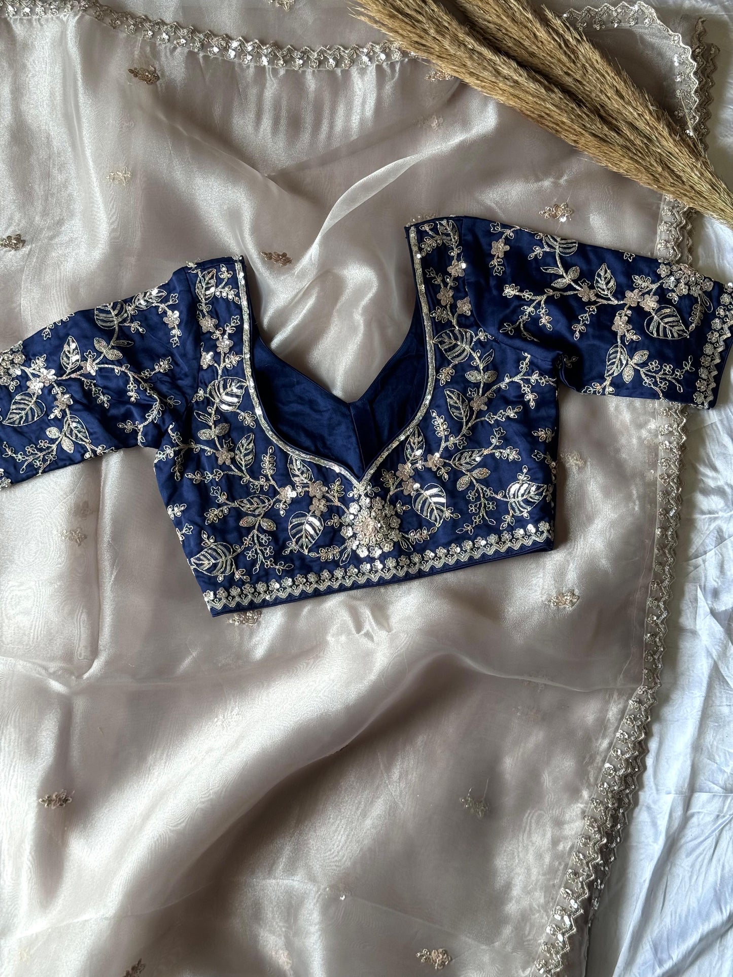 Organza handwork saree - Navy blue blouse