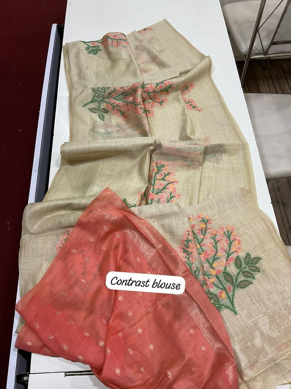 Soft off white muga cotton saree with floral weavings