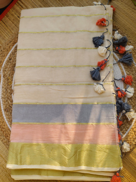 Pure mul cotton saree with pastel pink and dusty blue border