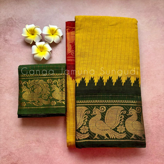 Premium zari kattam sungudi cotton saree with ganga jamuna border