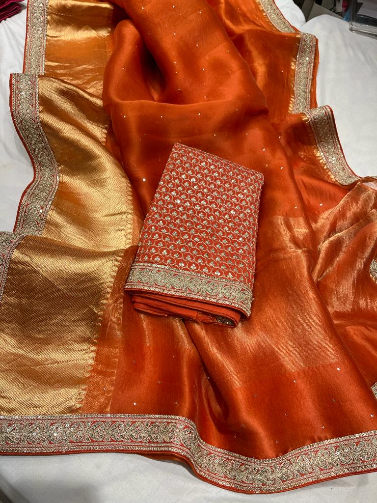 Pure organza saree with kanchi zari border and heavy blouse