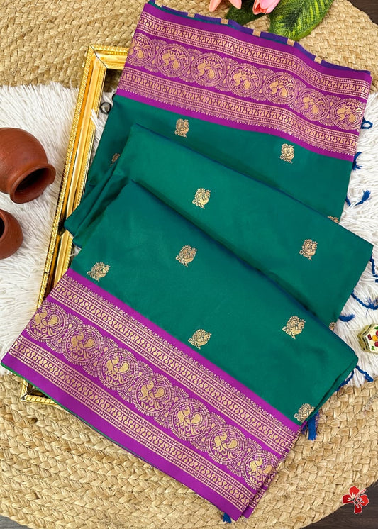 Beautiful semi kanjivaram soft silk woven saree - peacock blue and violet
