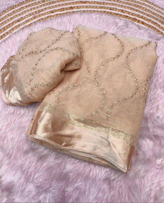Viscous georgette saree with satin border and sequins embroidery