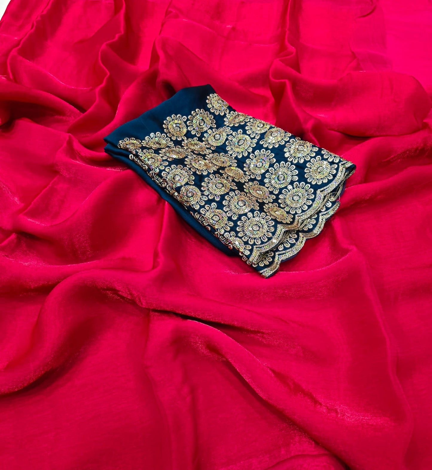 Shimmer chiffon saree with embroidered contrast blouse