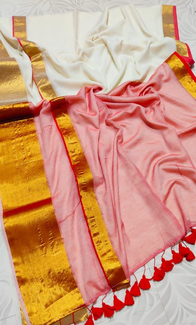 Soft Mul cotton saree - Red pallu