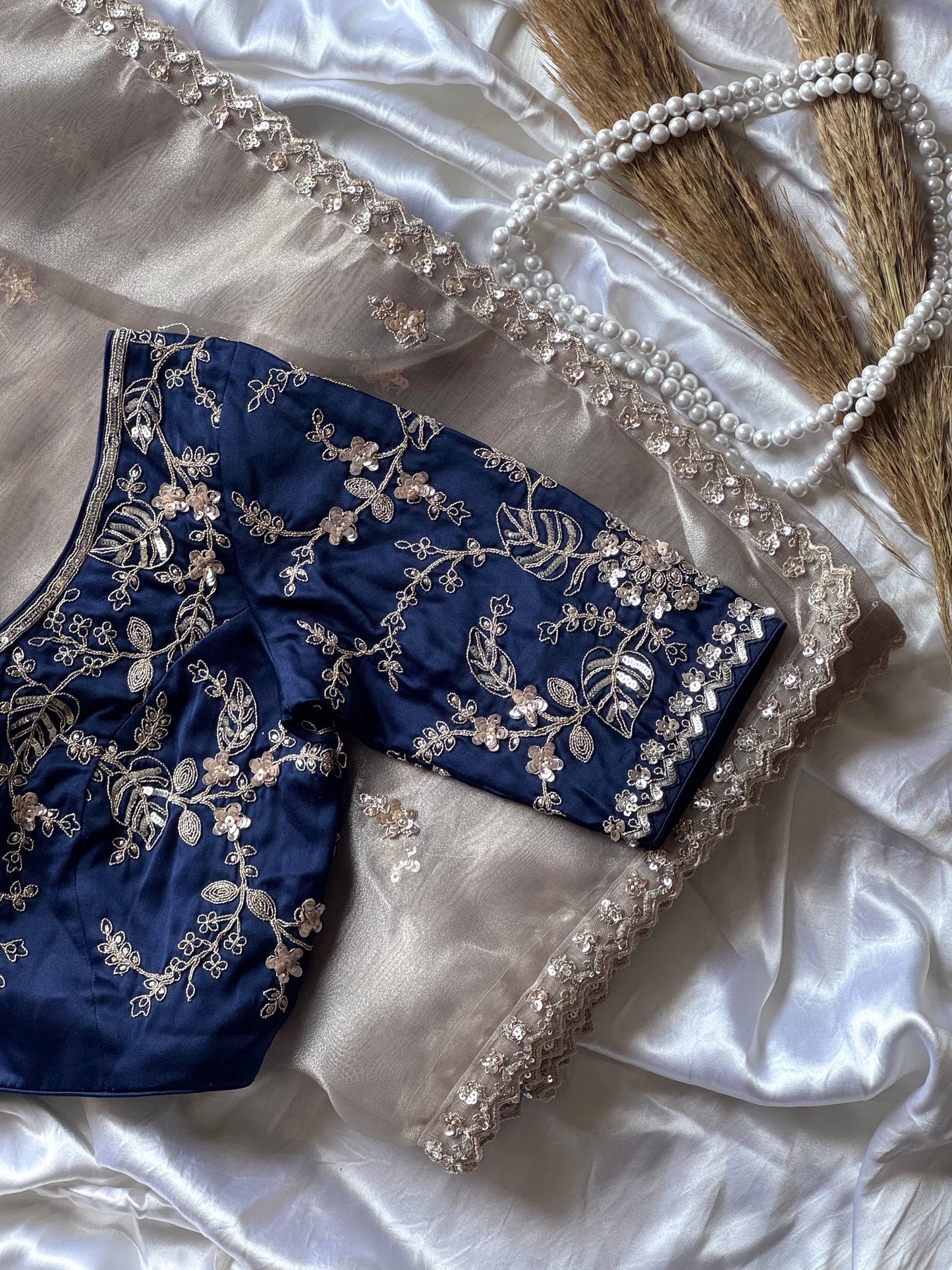 Organza handwork saree - Navy blue blouse