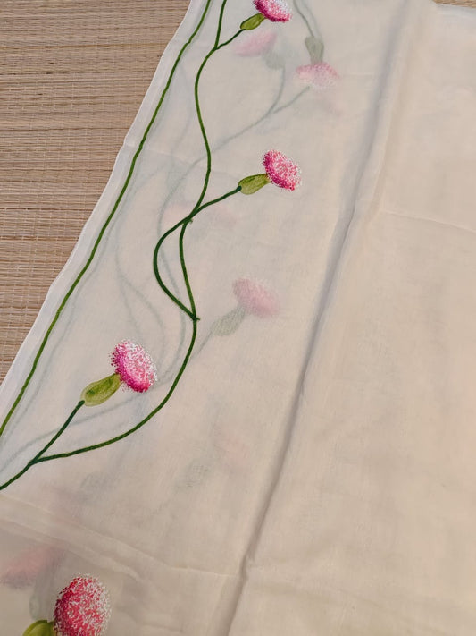 Pure mul cotton handpainted saree - globe amaranth