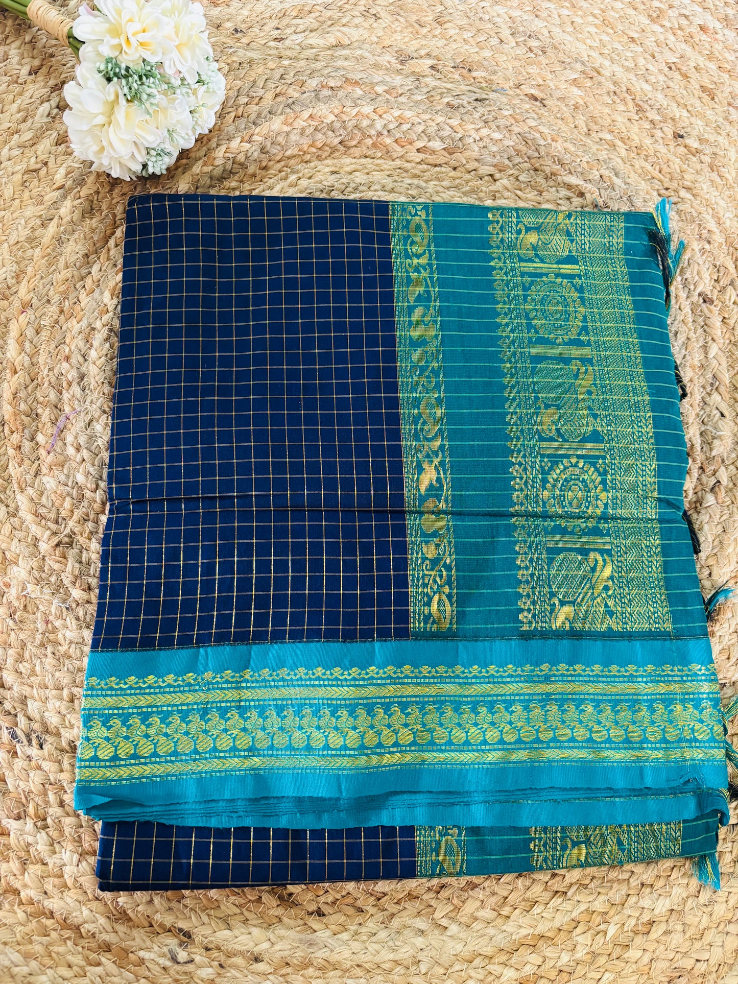 Premium silk cotton sarees with zari checks and contrast border