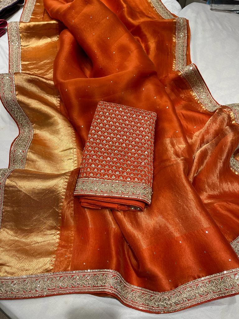 Pure organza saree with kanchi zari border and heavy blouse