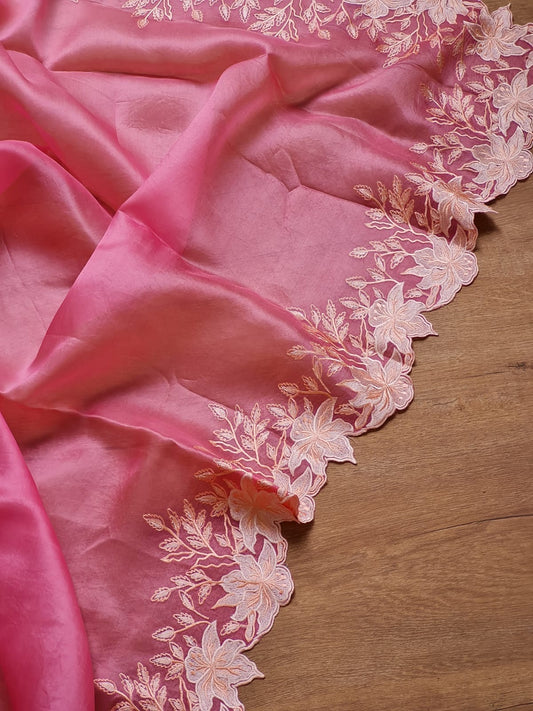 Pure organza silk saree with embroidery scallop border