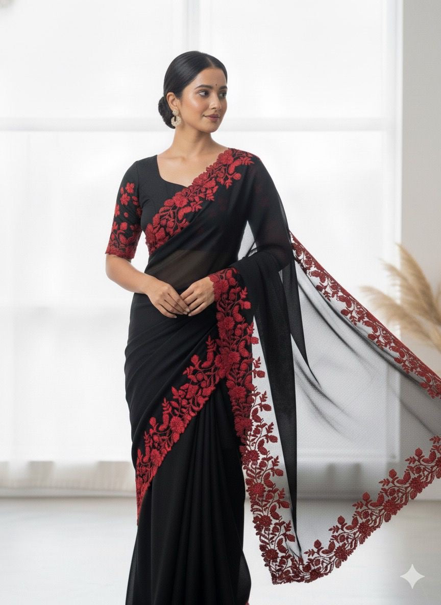 Soft tabby organza saree with red thread embroidered scallop border