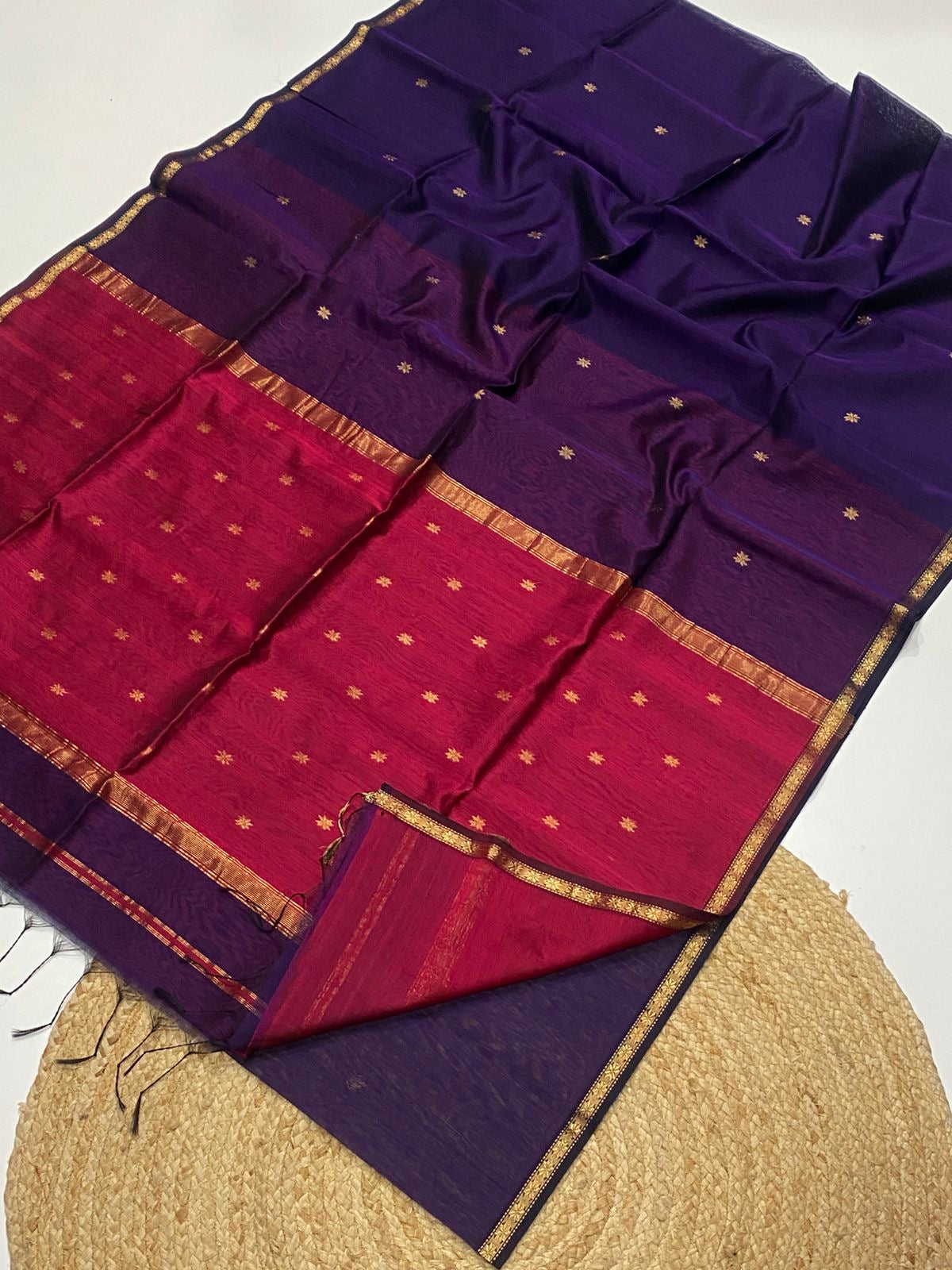 Pure Maheshwari silk cotton sarees with small border and buttis - contrast pallu and blouse