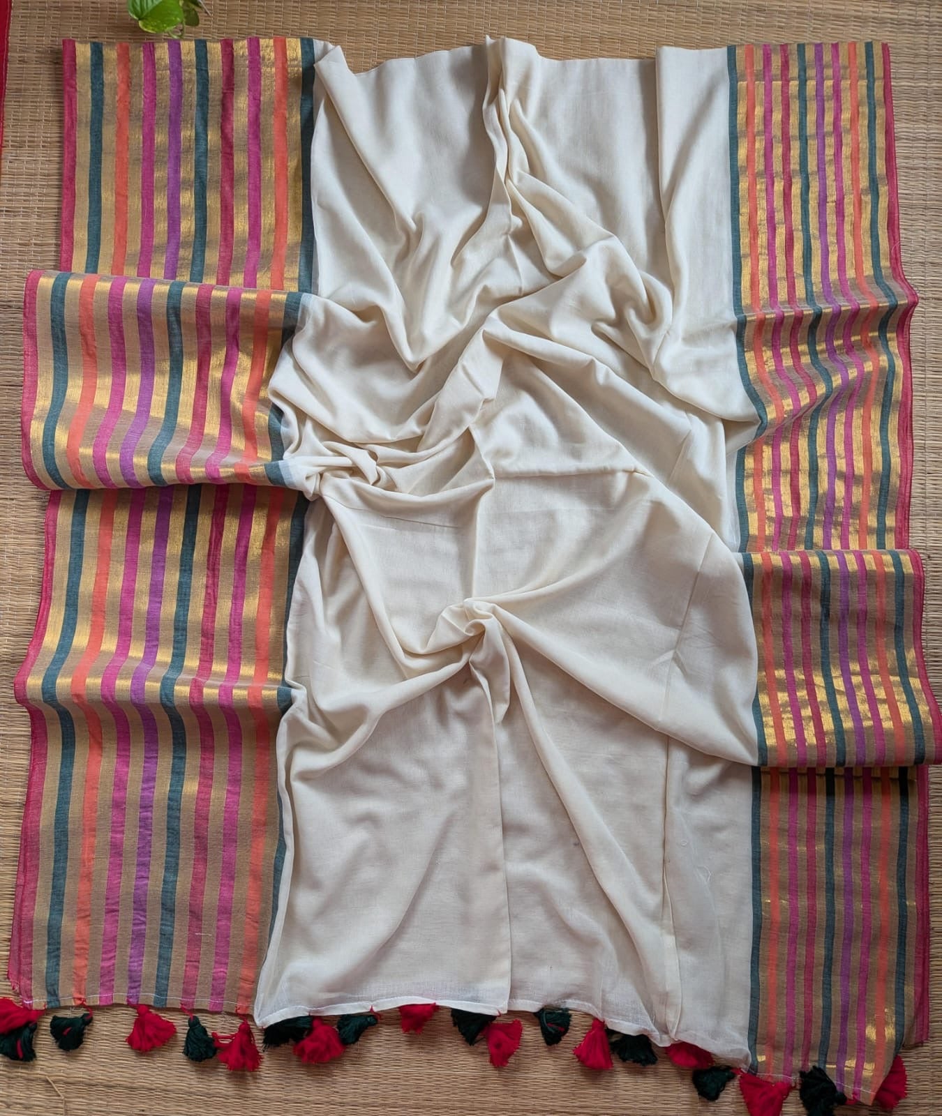 Pure and authentic mul cotton saree with broad multi color stripes zari border