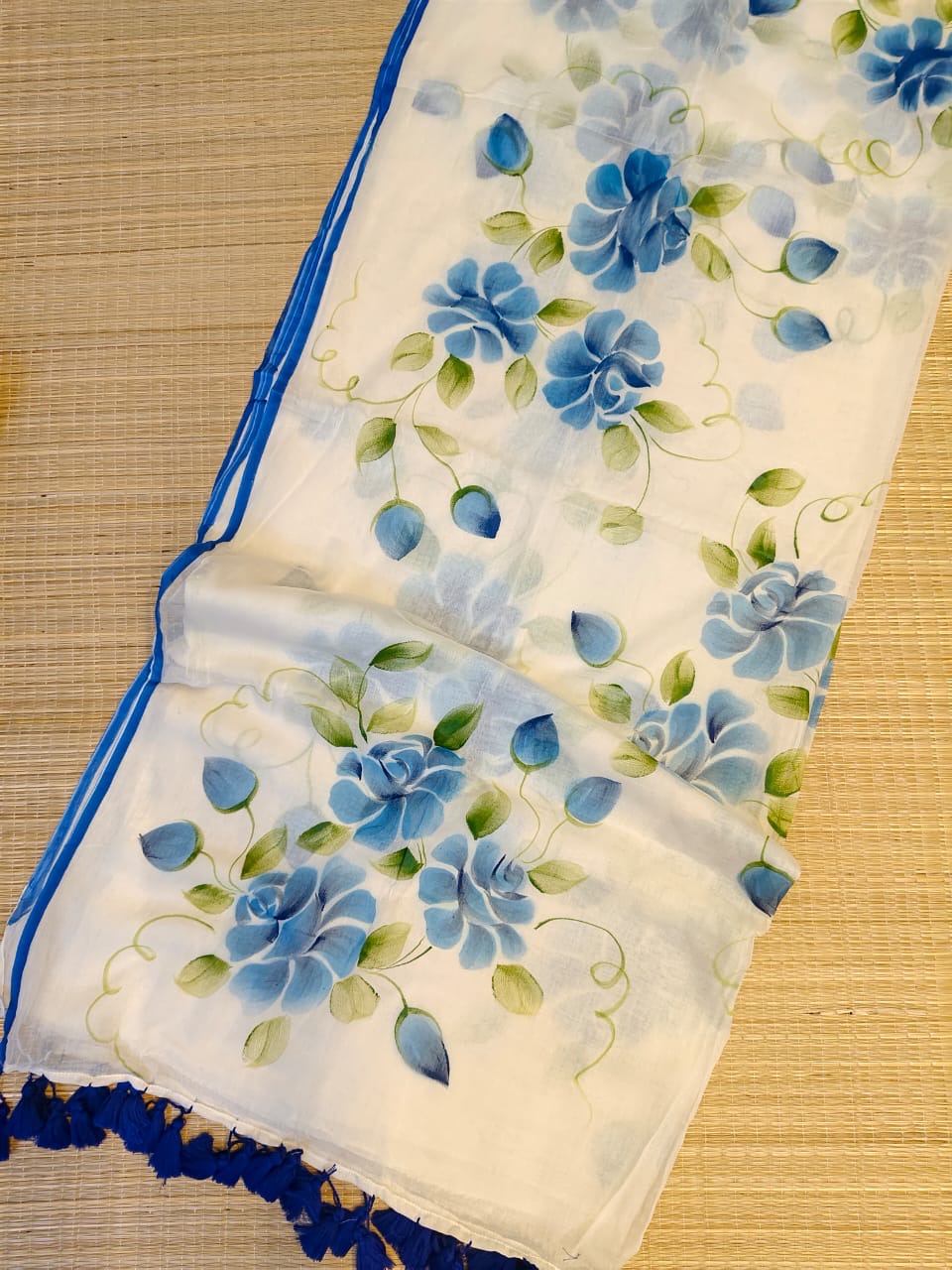 Pure mul cotton handpainted saree - Blue Roses