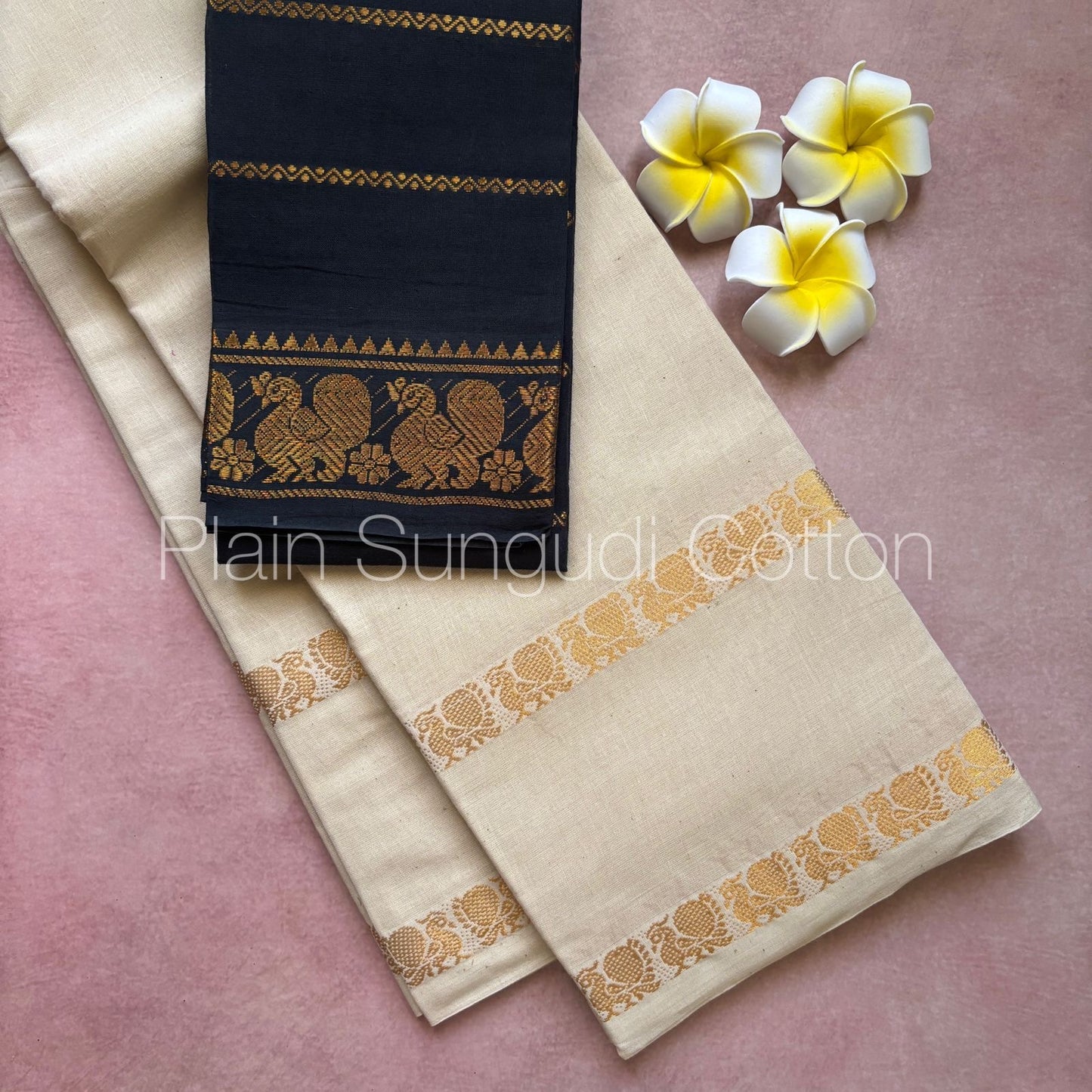 Pure plain sungudi cotton saree with double peacock border - white