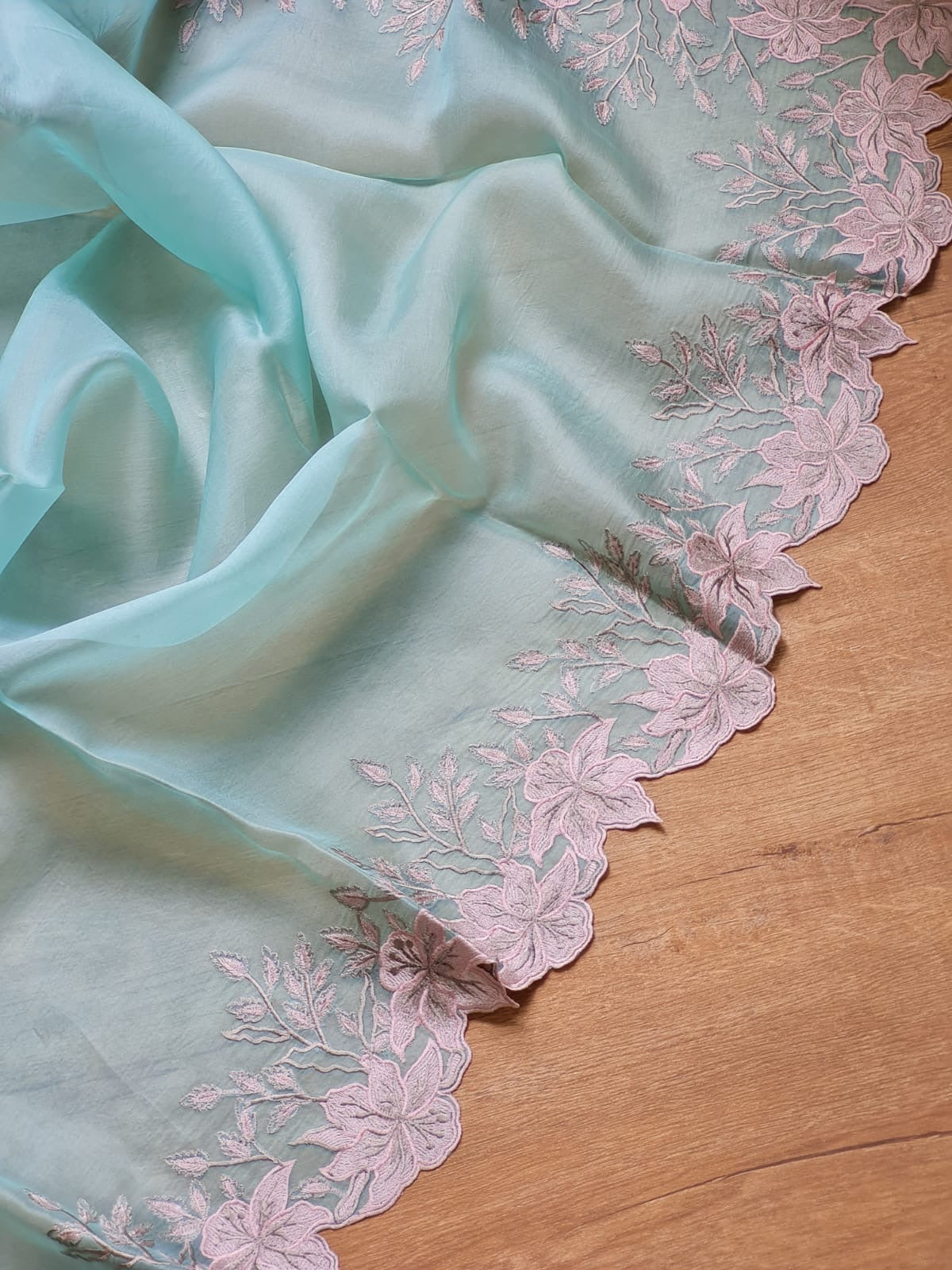 Pure organza silk saree with embroidery scallop border