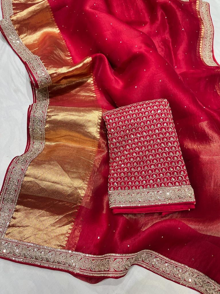 Pure organza saree with kanchi zari border and heavy blouse