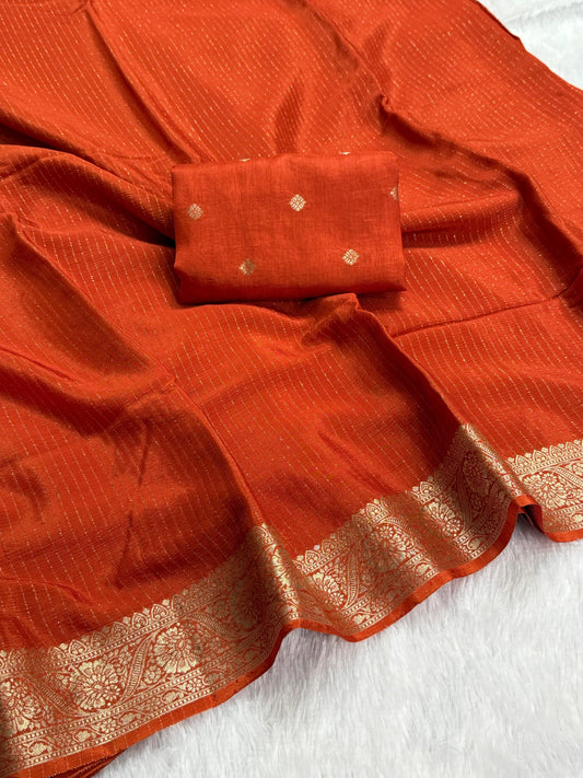 Premium viscous crushed chinon silk with lurex zari lines