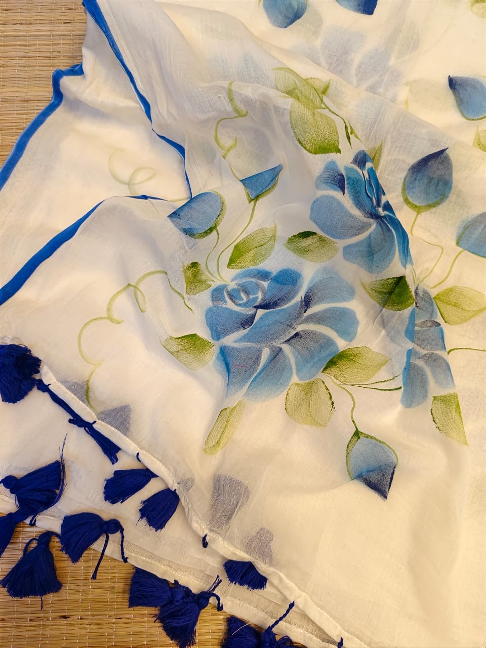 Pure mul cotton handpainted saree - Blue Roses